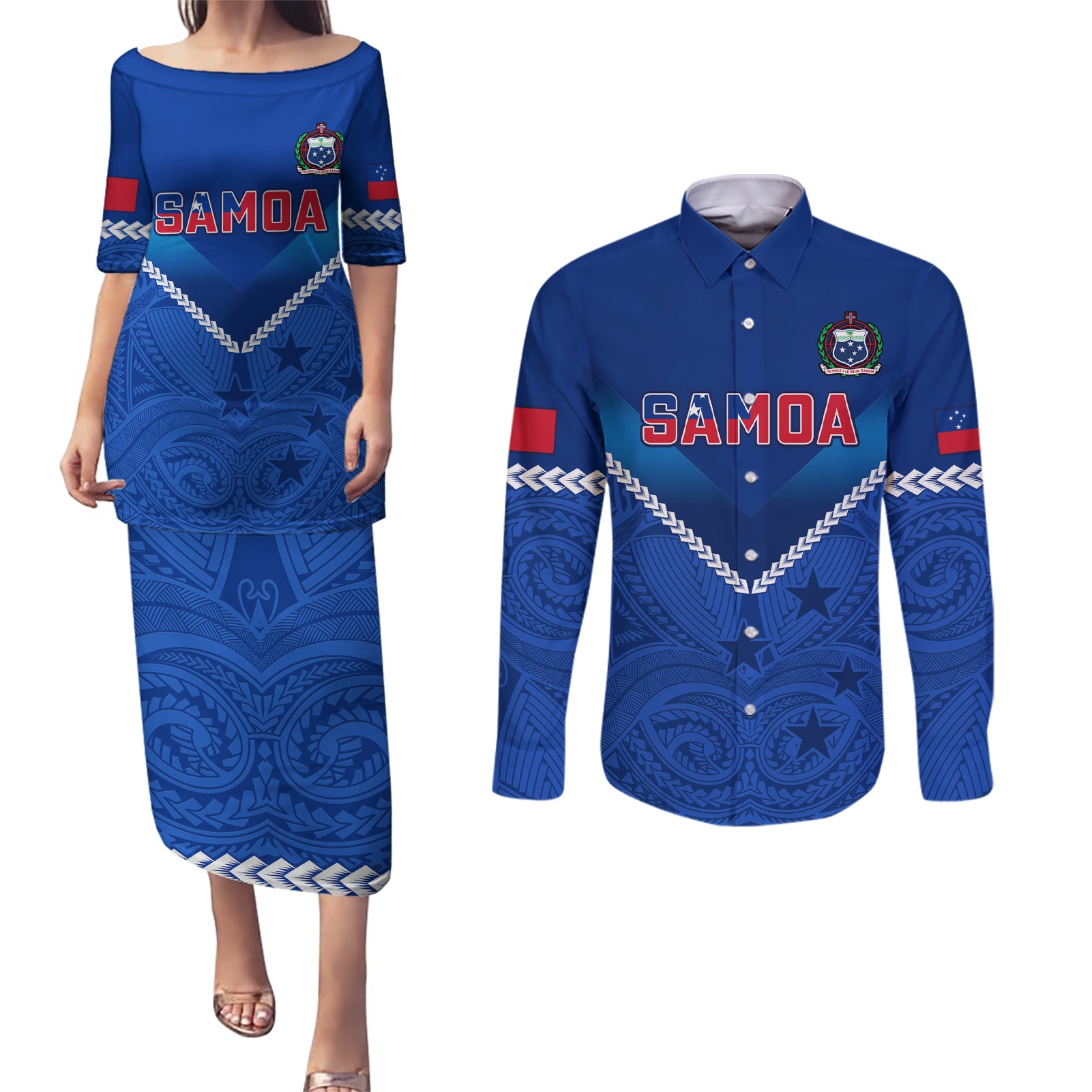 Samoa Rugby Couples Matching Puletasi Dress and Long Sleeve Button Shirts 2023 Go Manu Samoa - Wonder Print Shop