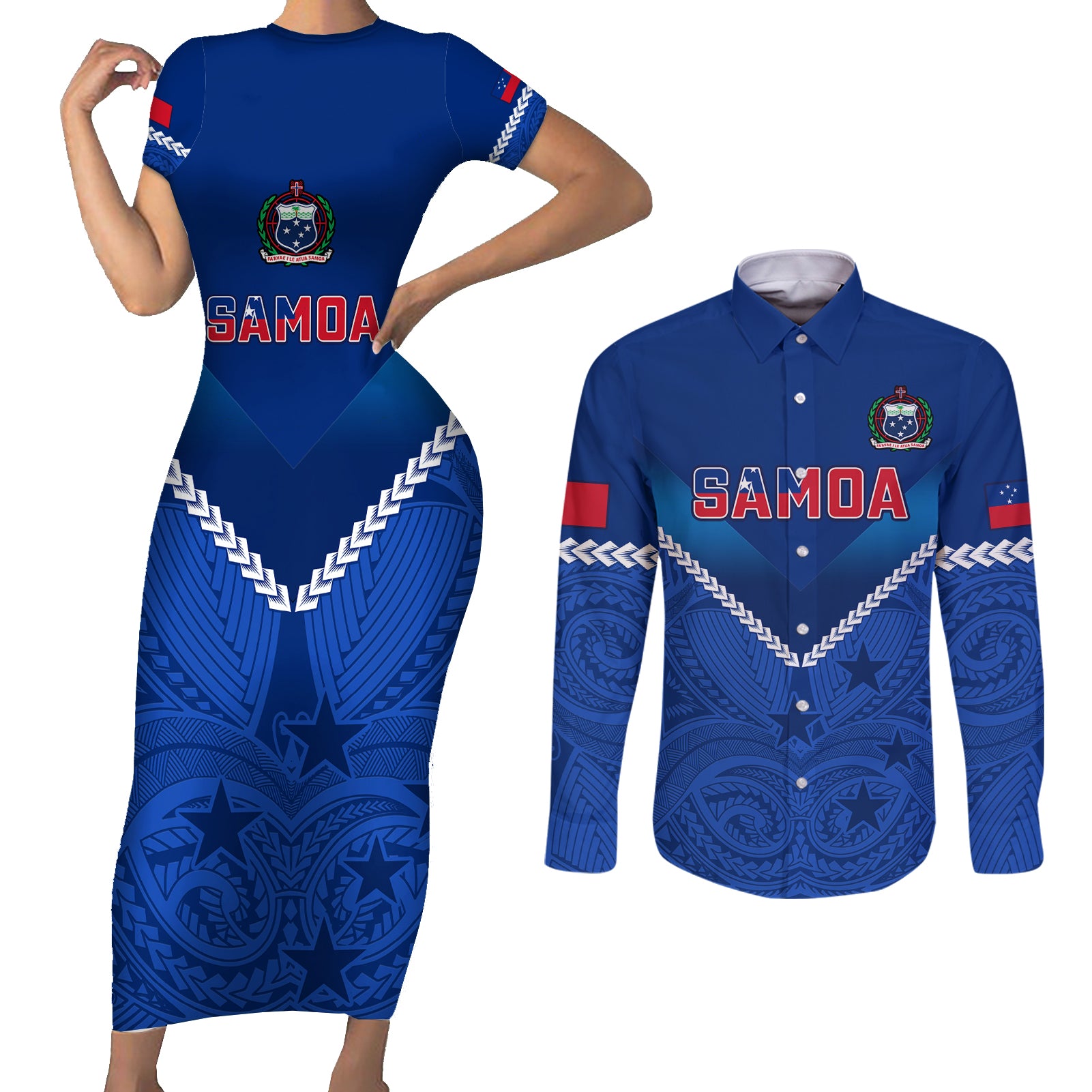 Samoa Rugby Couples Matching Short Sleeve Bodycon Dress and Long Sleeve Button Shirts 2023 Go Manu Samoa - Wonder Print Shop