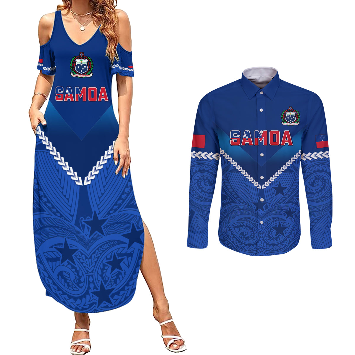 Samoa Rugby Couples Matching Summer Maxi Dress and Long Sleeve Button Shirts 2023 Go Manu Samoa - Wonder Print Shop