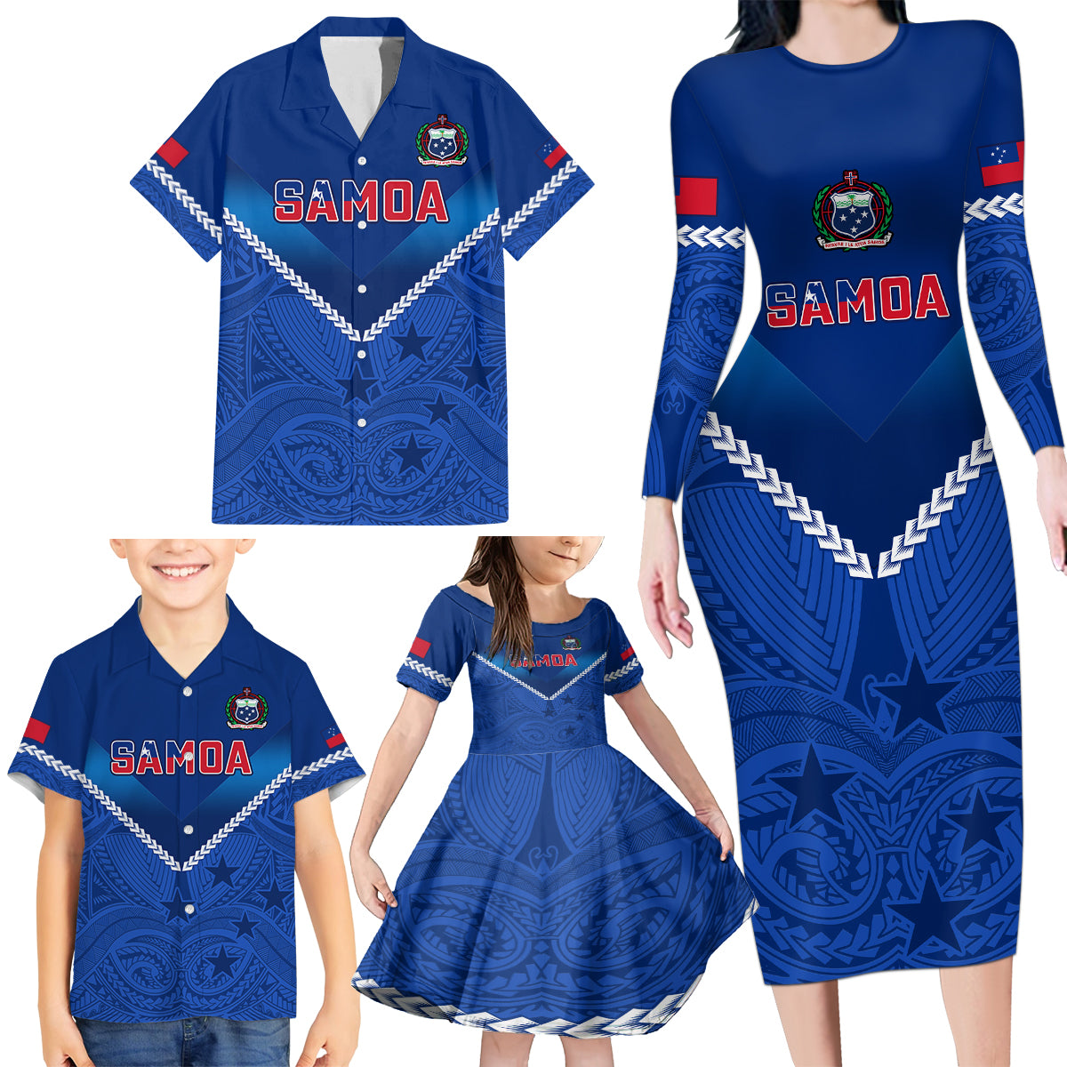 Samoa Rugby Family Matching Long Sleeve Bodycon Dress and Hawaiian Shirt 2023 Go Manu Samoa - Wonder Print Shop