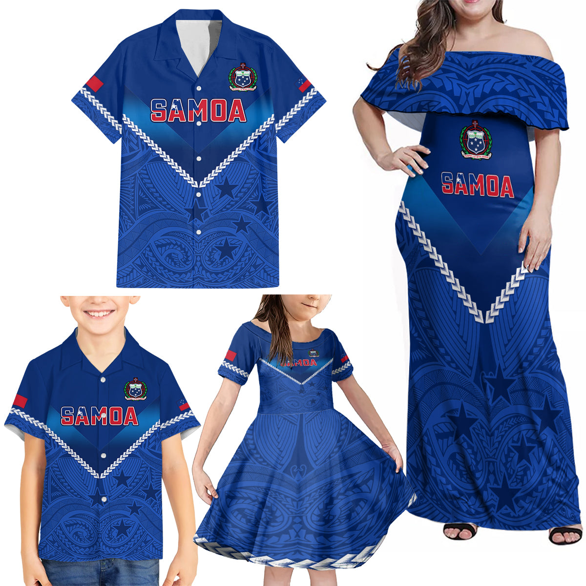 Samoa Rugby Family Matching Off Shoulder Maxi Dress and Hawaiian Shirt 2023 Go Manu Samoa - Wonder Print Shop