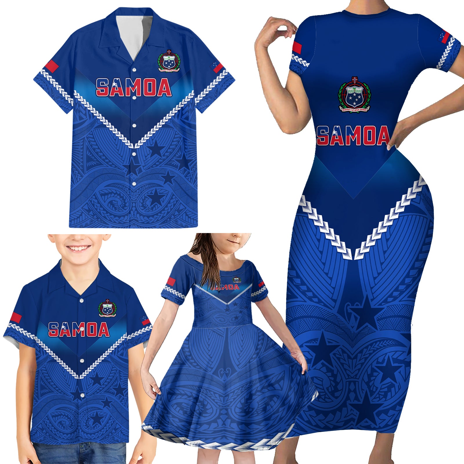 Samoa Rugby Family Matching Short Sleeve Bodycon Dress and Hawaiian Shirt 2023 Go Manu Samoa - Wonder Print Shop