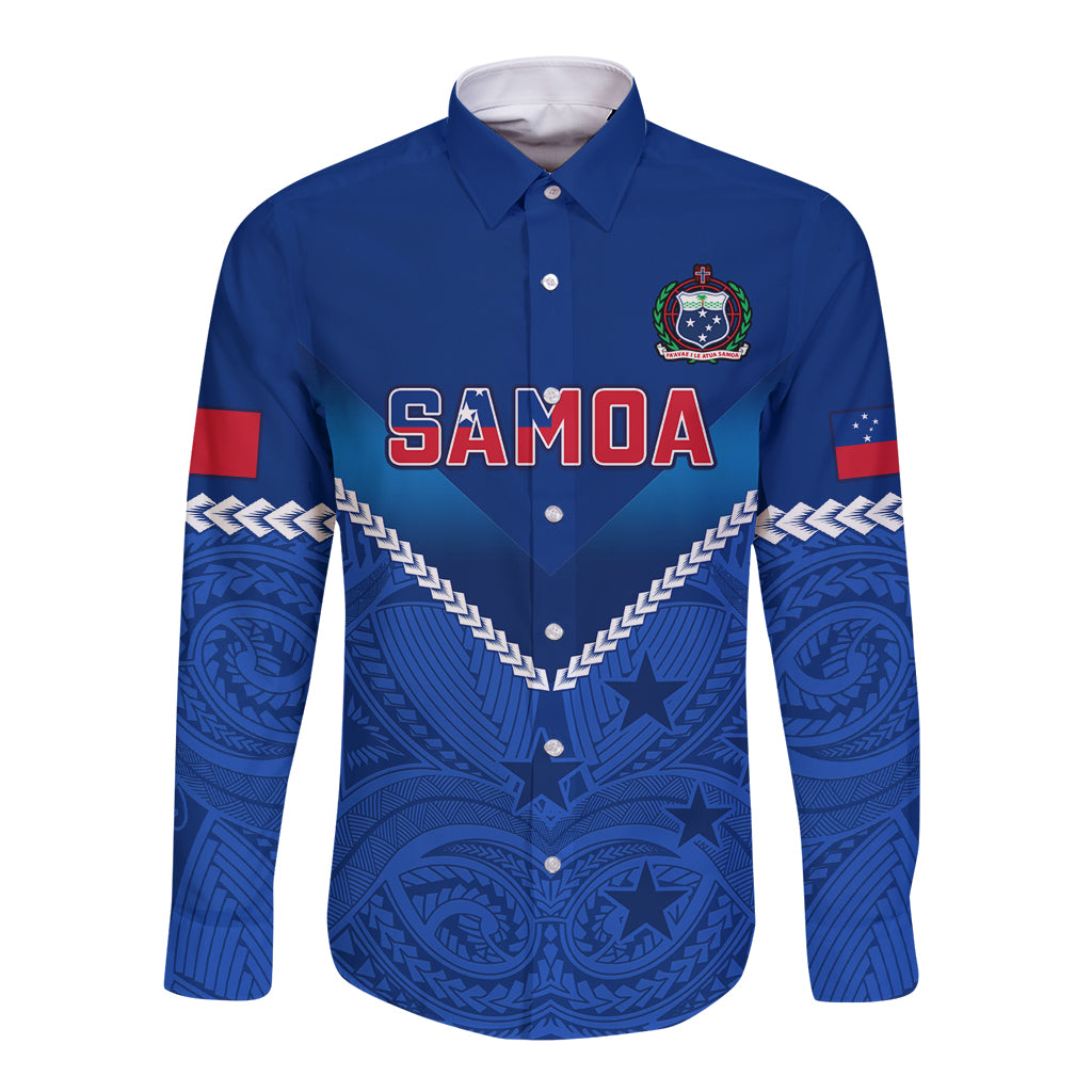 Blue rugby long sleeve button shirt with Samoa graphic and crest