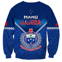 Blue rugby sweatshirt with crew neck; Manu Samoa back crest with laurel and stars