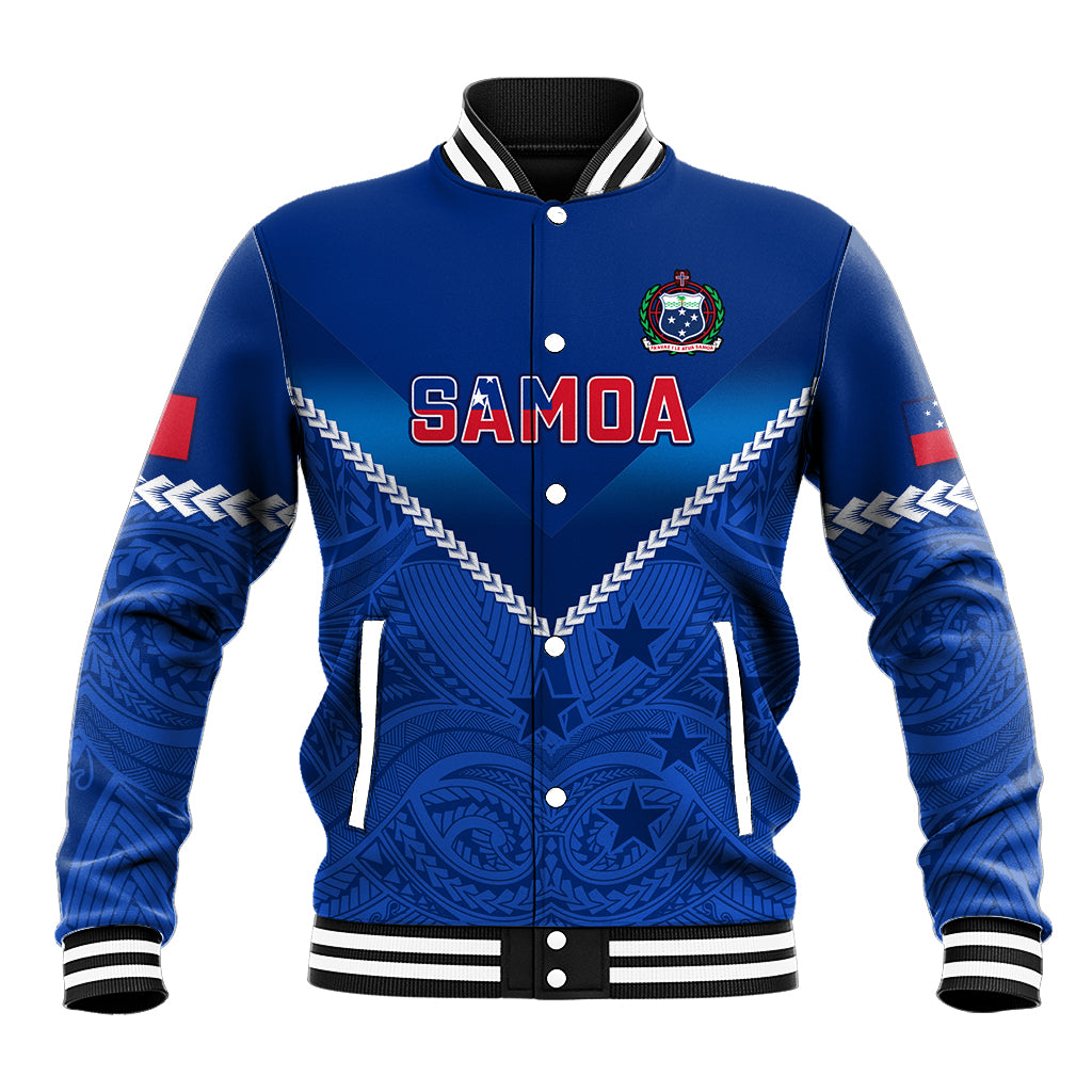 Blue rugby baseball jacket with SAMOA front crest, striped ribbed cuffs and collar
