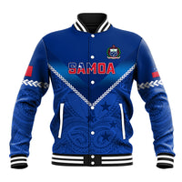 Blue rugby baseball jacket with SAMOA front crest, striped ribbed cuffs and collar