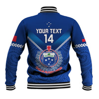 Blue rugby baseball jacket back with YOUR TEXT 14, crest emblem, striped ribbed hem