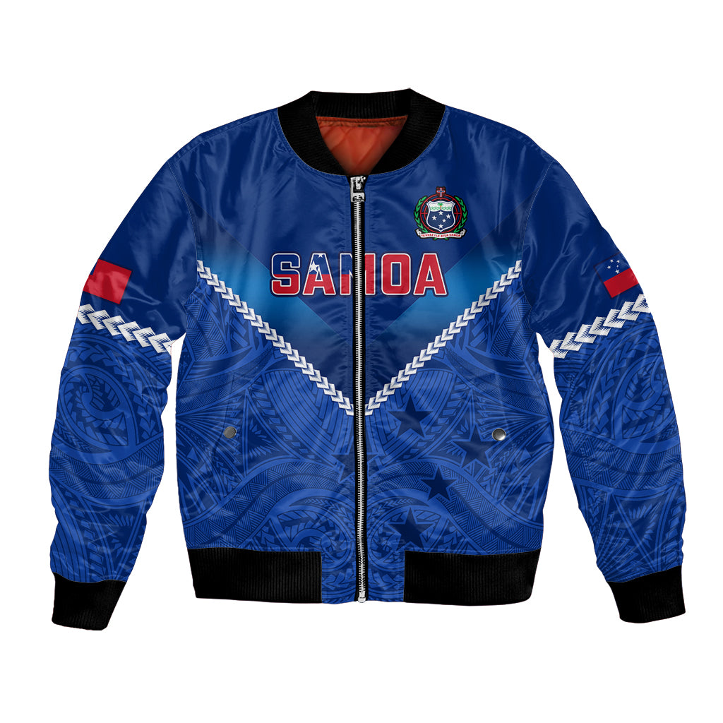 Blue satin rugby bomber jacket, front zip, ribbed cuffs, crest badge on chest