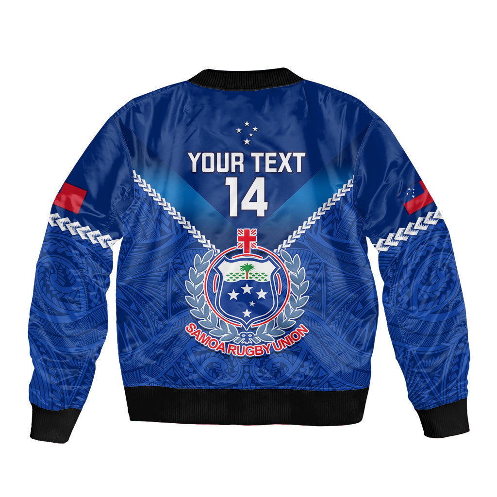 Blue satin rugby bomber jacket, ribbed hem, back graphic with crest and “YOUR TEXT 14”