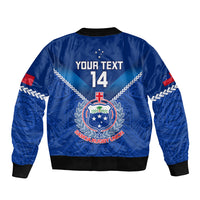 Blue satin rugby bomber jacket, ribbed hem, back graphic with crest and “YOUR TEXT 14”