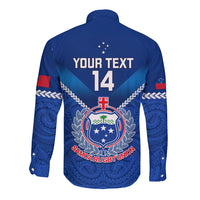 Blue long-sleeve rugby button shirt back graphic with your text 14 and crest
