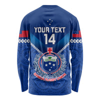 Blue rugby long sleeve shirt back with YOUR TEXT, number 14, and Samoa Rugby Union crest