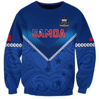 Blue Samoa rugby sweatshirt with crew neck, front graphic, and long sleeves