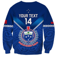 Blue Samoa rugby sweatshirt back with 'Your Text 14' and crest graphic