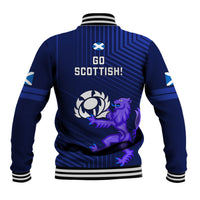 Unisex blue baseball jacket back with Go Scottish text, laurel emblem, ribbed collar & cuffs