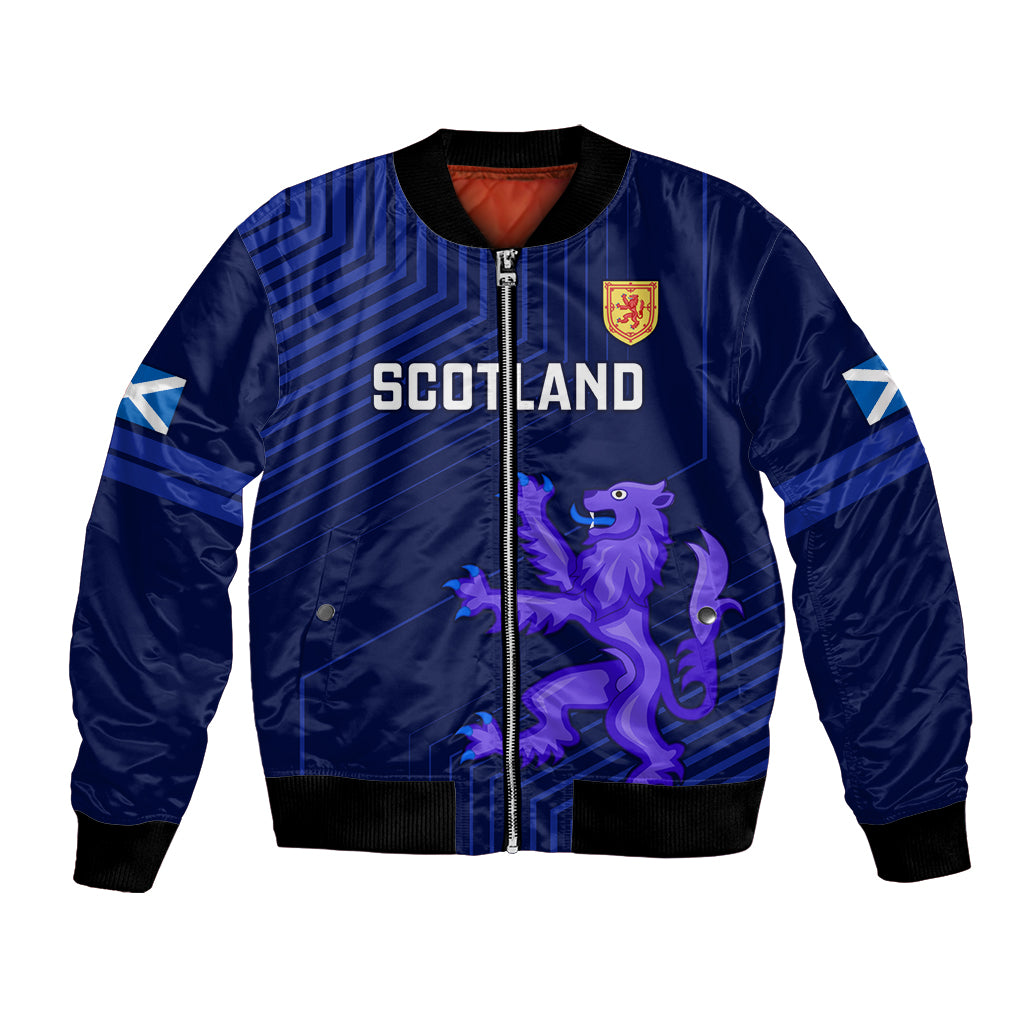 Blue unisex bomber jacket with zip front, Scotland text, crest and purple dragon art