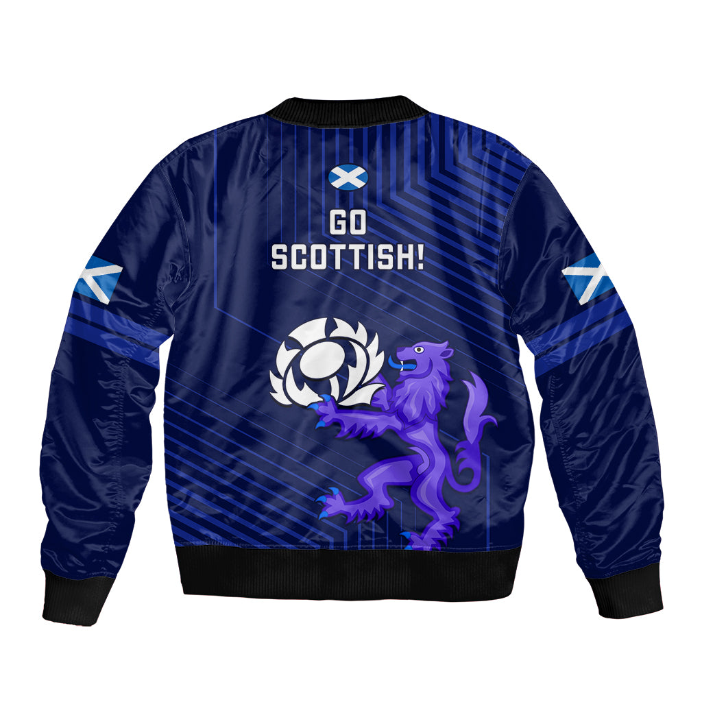 Blue bomber jacket back graphic with Go Scottish! text, purple dragon and wreath