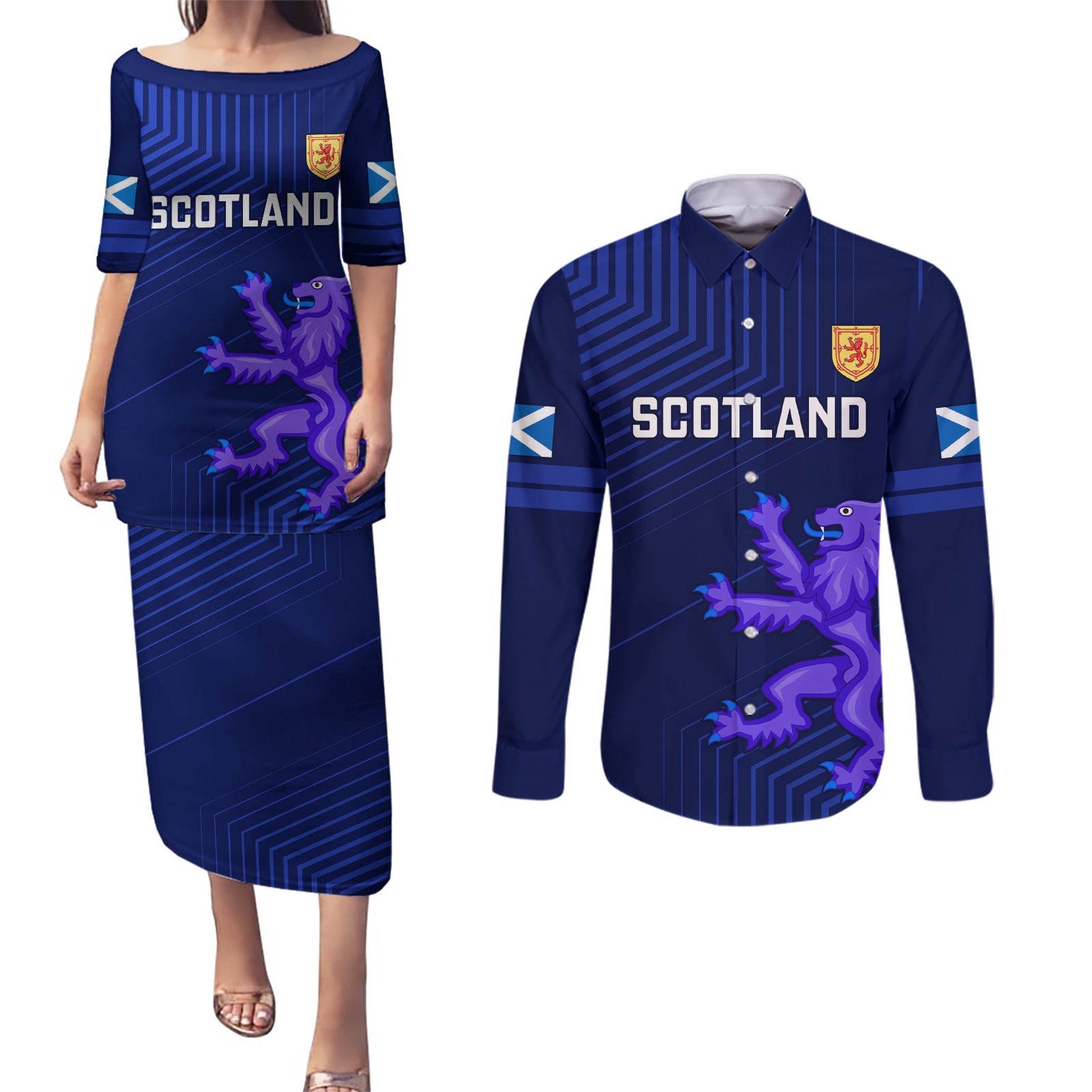 Scotland Rugby Couples Matching Puletasi Dress and Long Sleeve Button Shirts 2023 Go Scottish - Wonder Print Shop