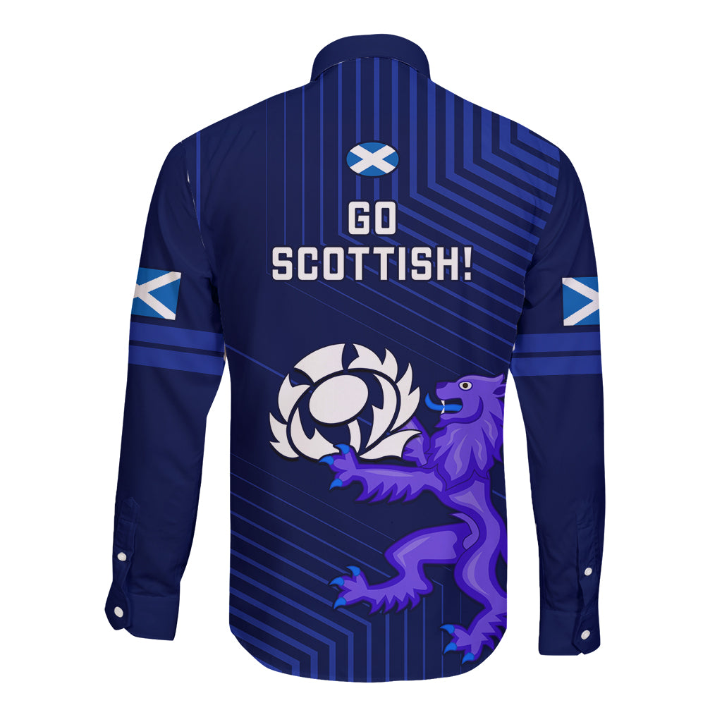 Blue long-sleeve button rugby shirt, back print with Go Scottish! and lion mascot