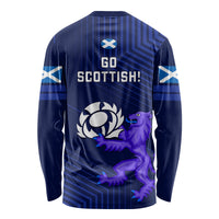 Blue rugby long-sleeve shirt, back print 'GO SCOTTISH!' with lion and X flag sleeves