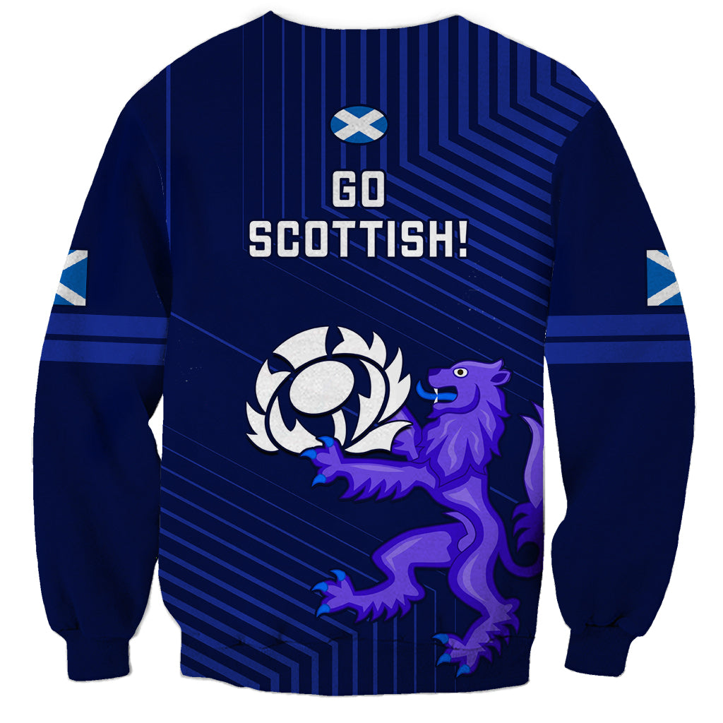 Unisex blue Scotland rugby sweatshirt with back 'Go Scottish!' text and lion graphic