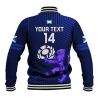 Blue rugby baseball jacket back with YOUR TEXT 14, laurel icon, lion graphic, ribbed hem
