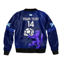 Unisex blue bomber jacket with back print, zip, ribbed hem, YOUR TEXT 14 and purple dragon