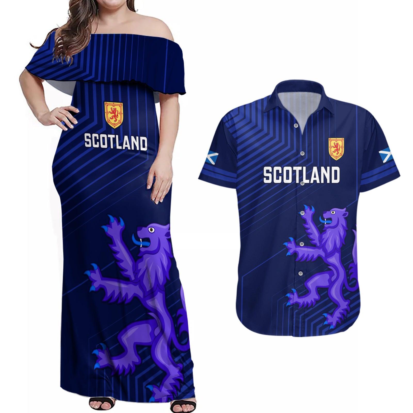 Custom Scotland Rugby Couples Matching Off Shoulder Maxi Dress and Hawaiian Shirt 2023 Go Scottish - Wonder Print Shop