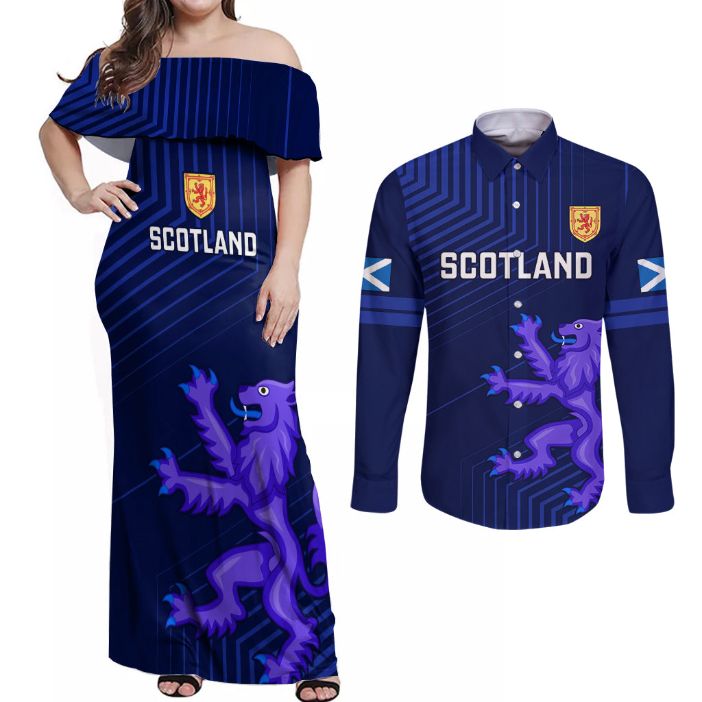 Custom Scotland Rugby Couples Matching Off Shoulder Maxi Dress and Long Sleeve Button Shirts 2023 Go Scottish - Wonder Print Shop