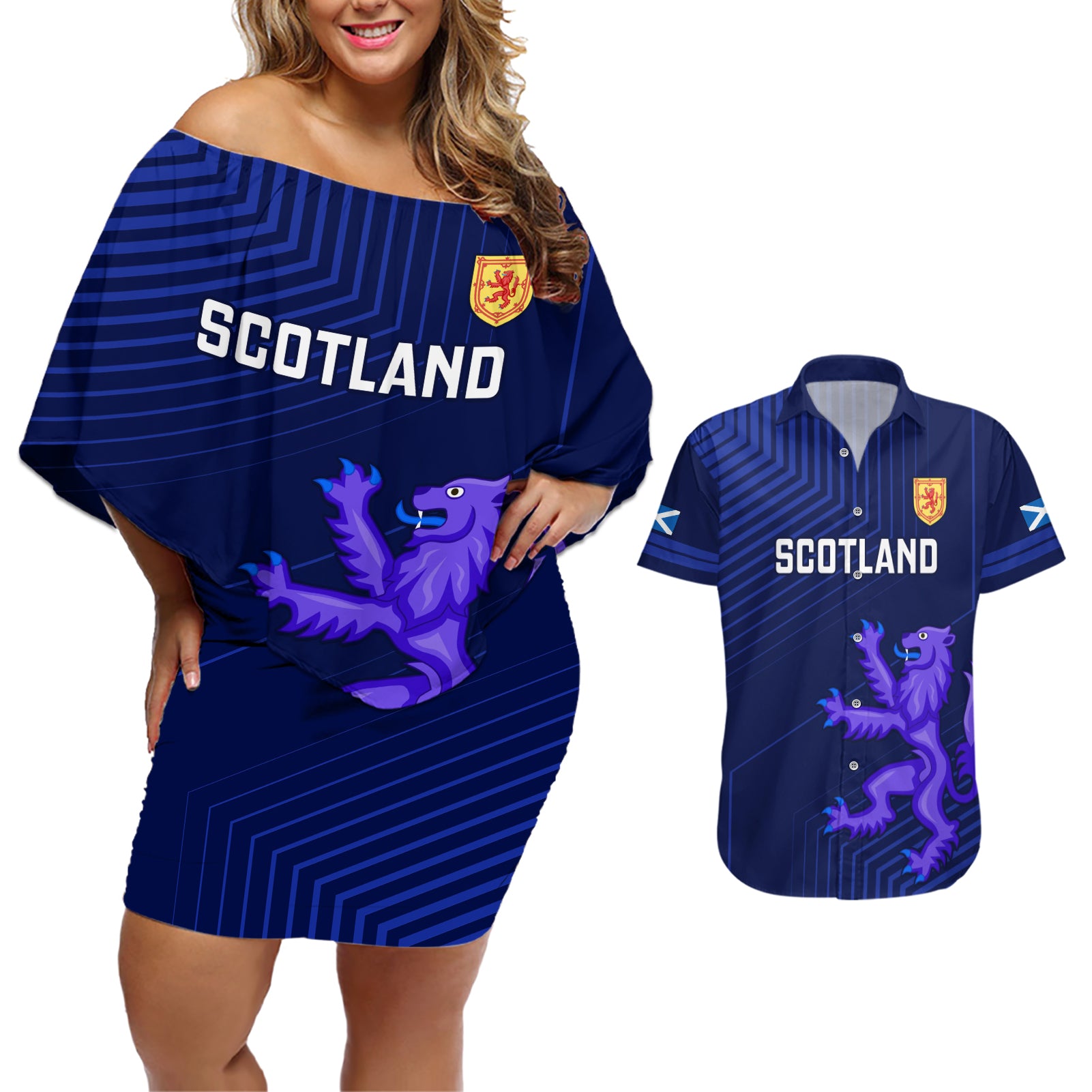 Custom Scotland Rugby Couples Matching Off Shoulder Short Dress and Hawaiian Shirt 2023 Go Scottish - Wonder Print Shop