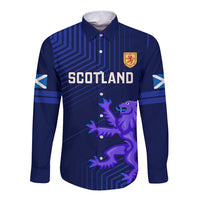 Blue long-sleeve rugby button shirt with Scotland crest graphic and stripes