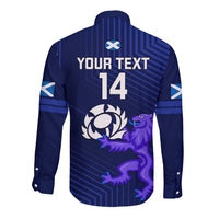 Blue long-sleeve rugby button shirt, back shows number 14 and lion crest graphic