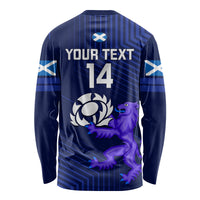 Blue long-sleeve rugby shirt back with Your Text, number 14, lion emblem
