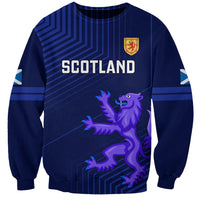 Unisex blue rugby sweatshirt, Scotland crest and bold lion graphic with stripe pattern