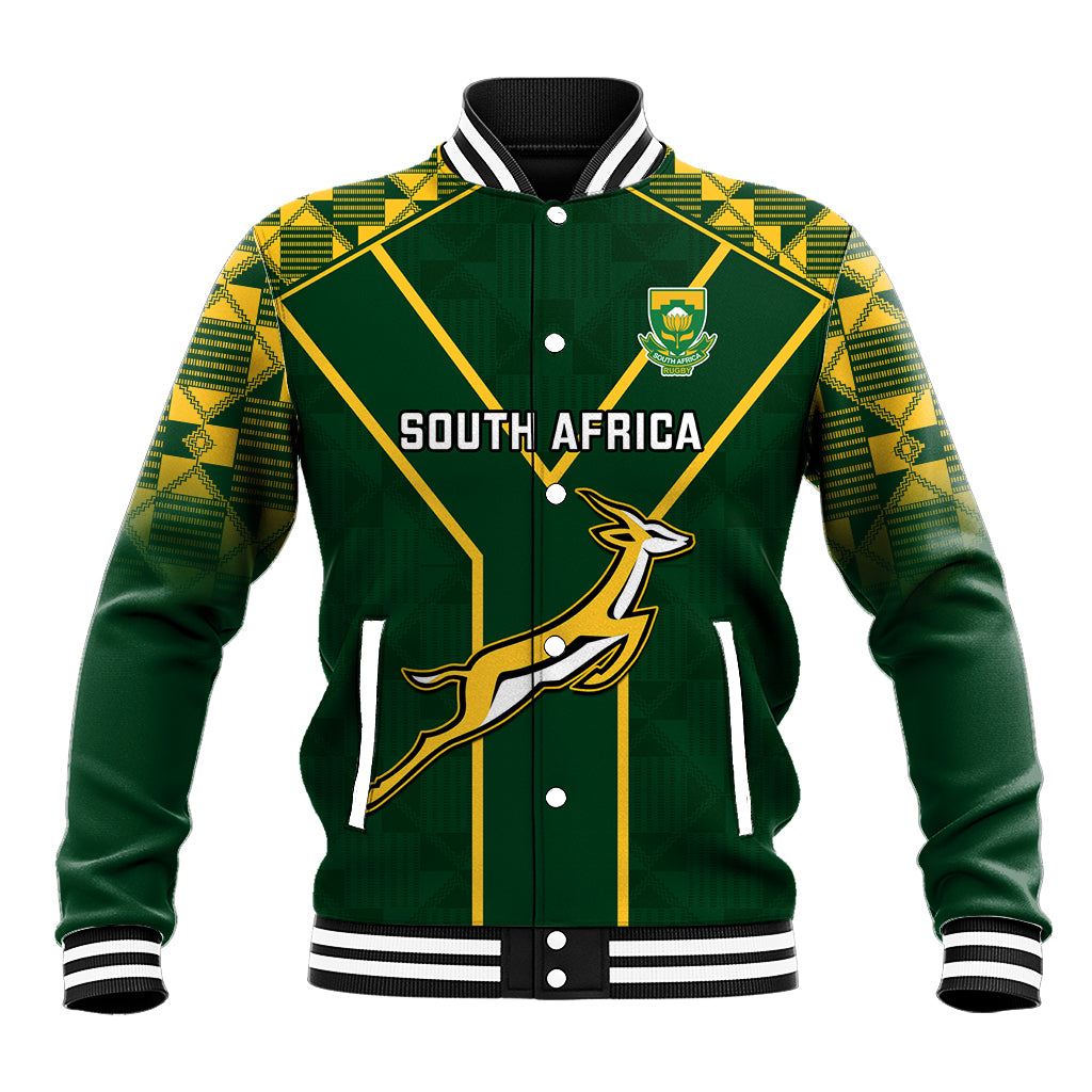 Green rugby baseball jacket with yellow geometric panels, snap buttons, front graphic