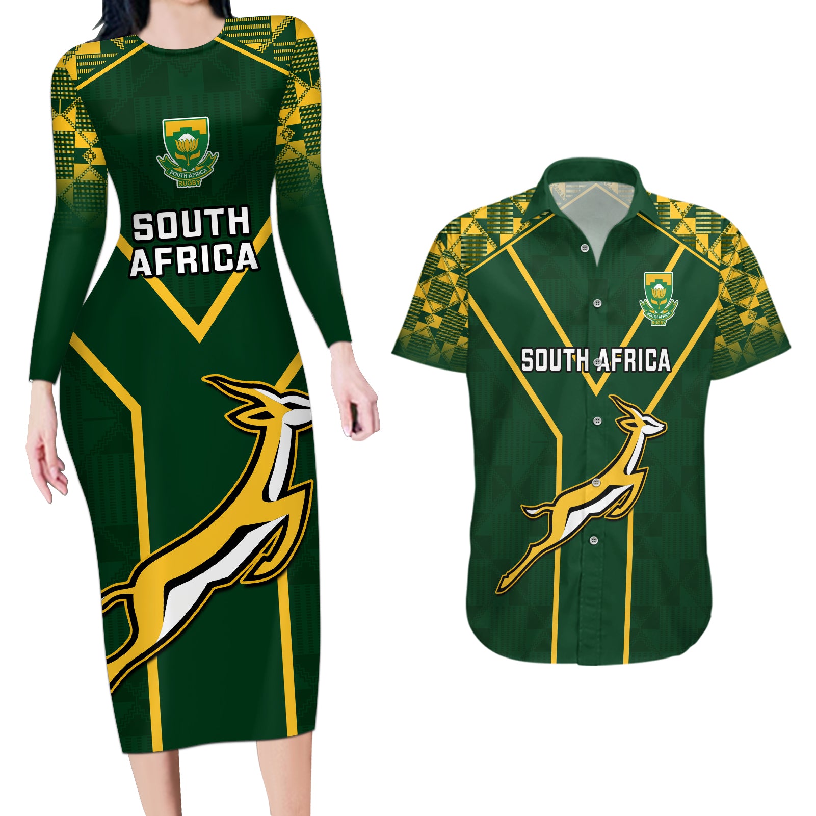 South Africa Rugby Couples Matching Long Sleeve Bodycon Dress and Hawaiian Shirt 2023 Go Champions World Cup Springboks - Wonder Print Shop