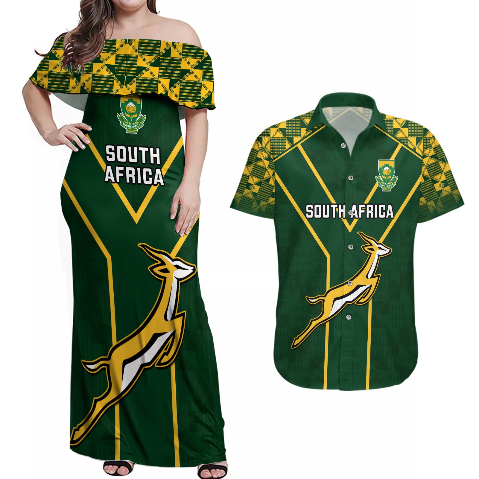 South Africa Rugby Couples Matching Off Shoulder Maxi Dress and Hawaiian Shirt 2023 Go Champions World Cup Springboks - Wonder Print Shop