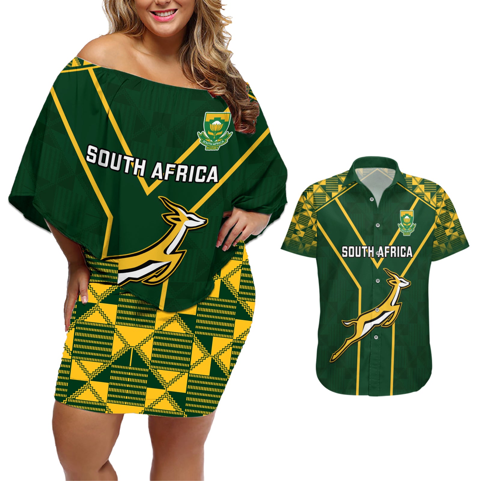 South Africa Rugby Couples Matching Off Shoulder Short Dress and Hawaiian Shirt 2023 Go Champions World Cup Springboks - Wonder Print Shop