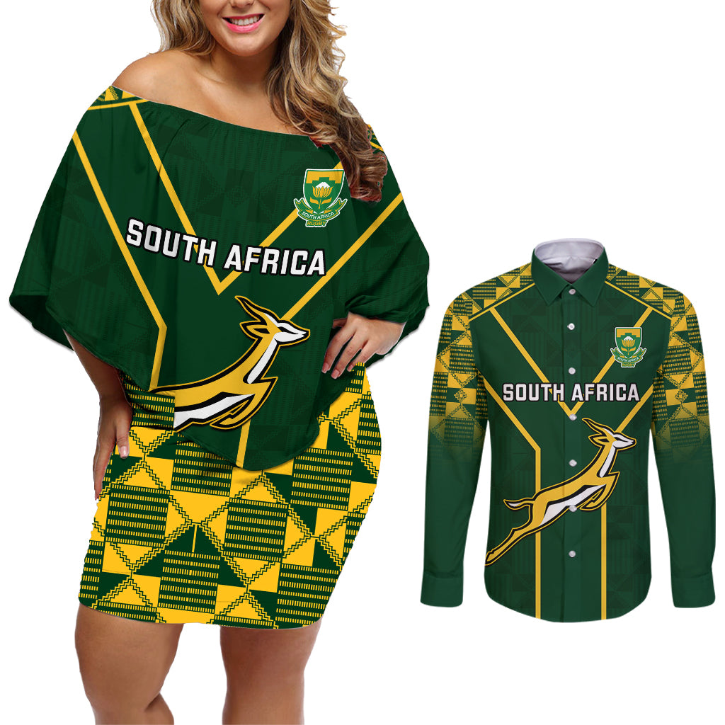 South Africa Rugby Couples Matching Off Shoulder Short Dress and Long Sleeve Button Shirts 2023 Go Champions World Cup Springboks - Wonder Print Shop