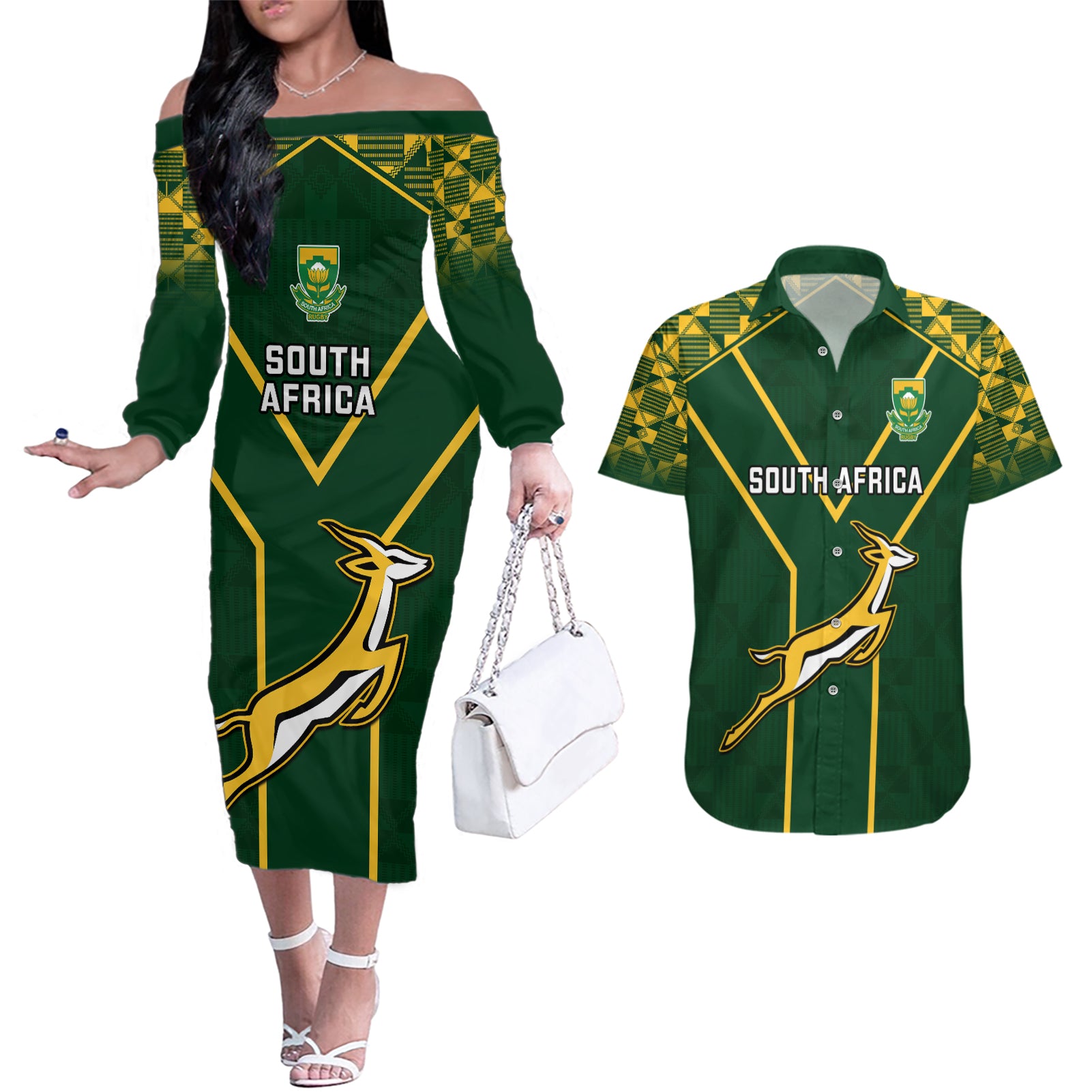 South Africa Rugby Couples Matching Off The Shoulder Long Sleeve Dress and Hawaiian Shirt 2023 Go Champions World Cup Springboks - Wonder Print Shop