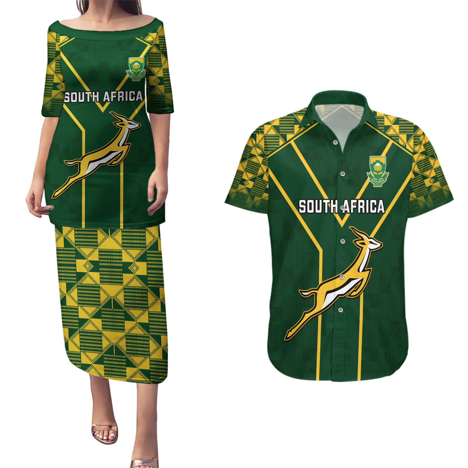 South Africa Rugby Couples Matching Puletasi Dress and Hawaiian Shirt 2023 Go Champions World Cup Springboks - Wonder Print Shop