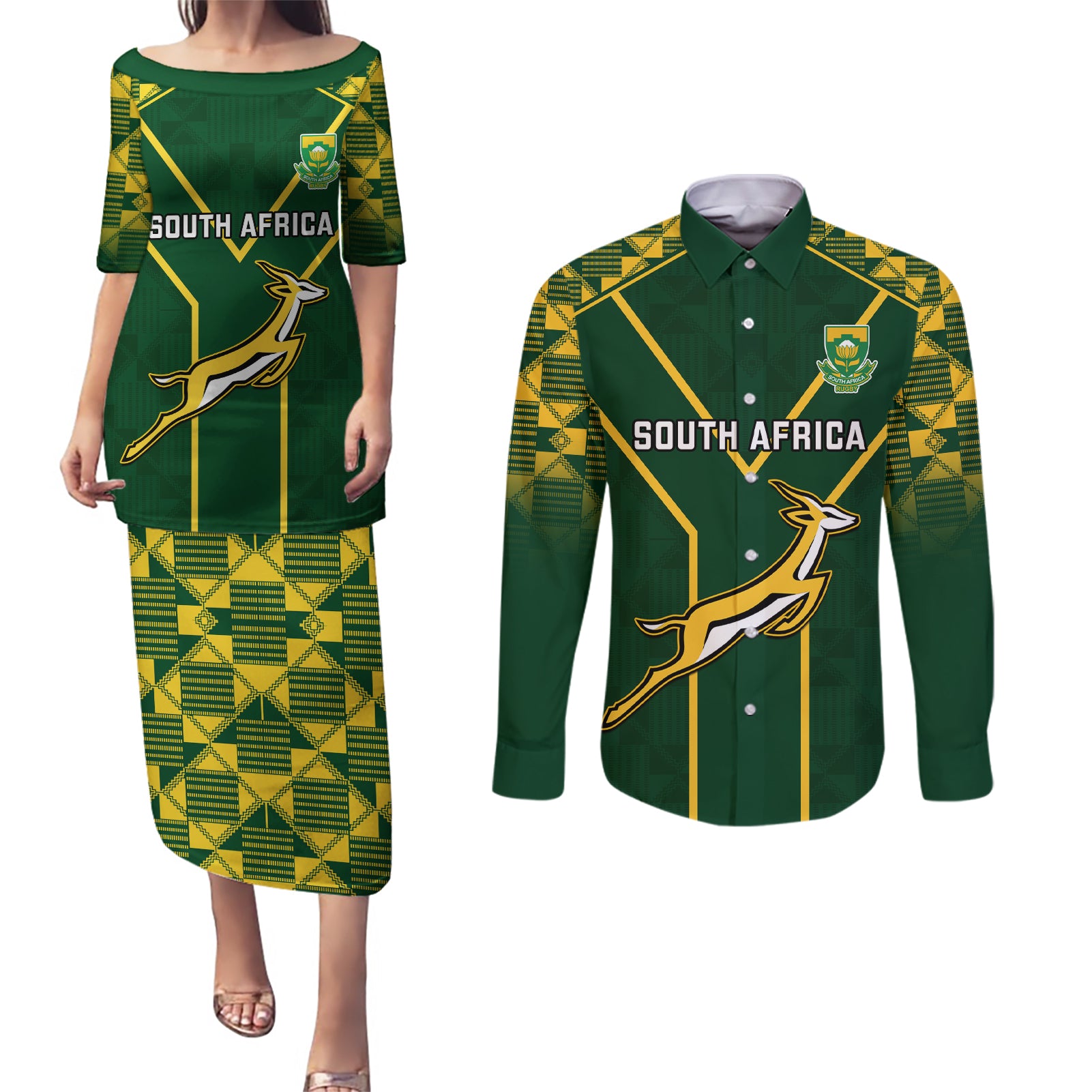 South Africa Rugby Couples Matching Puletasi Dress and Long Sleeve Button Shirts 2023 Go Champions World Cup Springboks - Wonder Print Shop