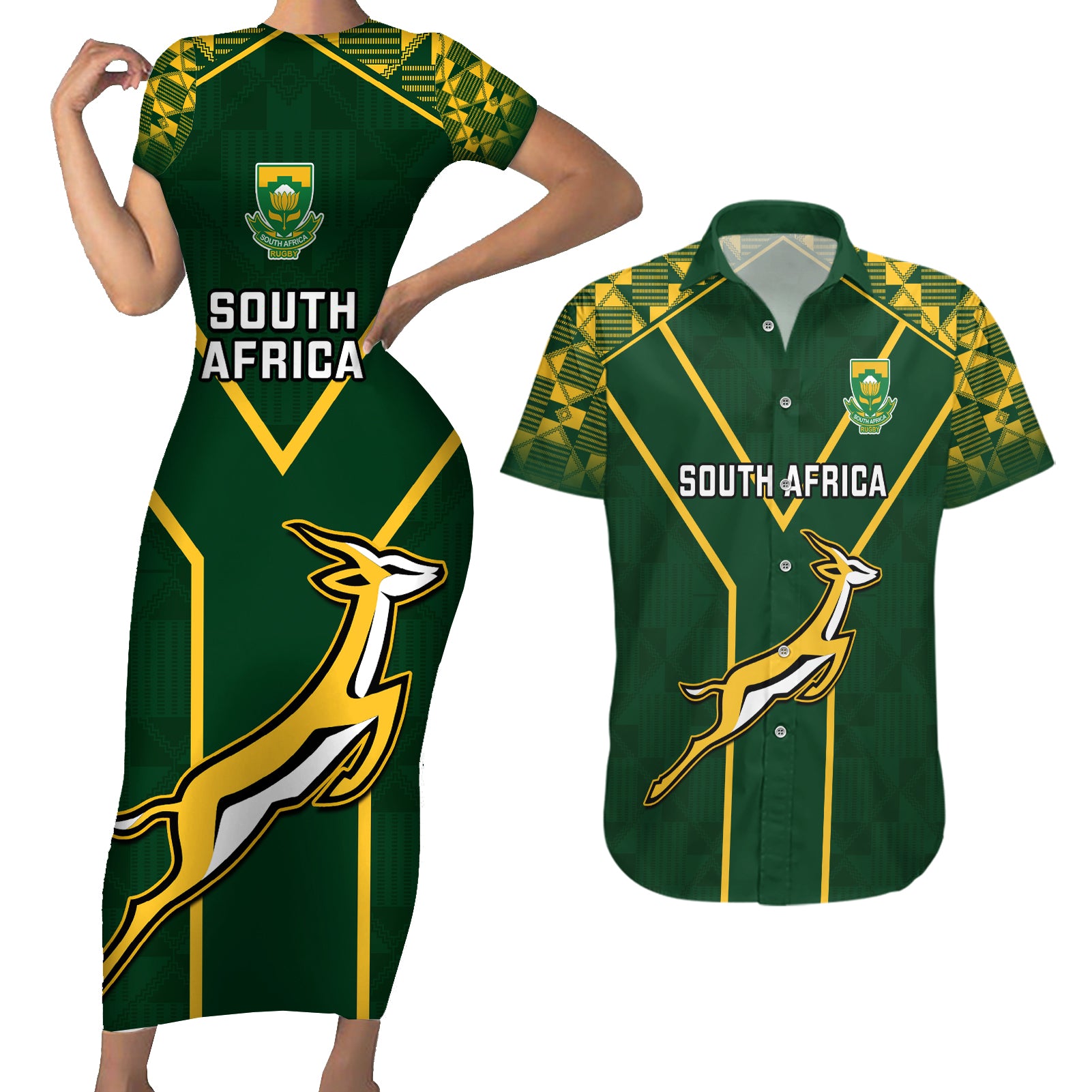 South Africa Rugby Couples Matching Short Sleeve Bodycon Dress and Hawaiian Shirt 2023 Go Champions World Cup Springboks - Wonder Print Shop