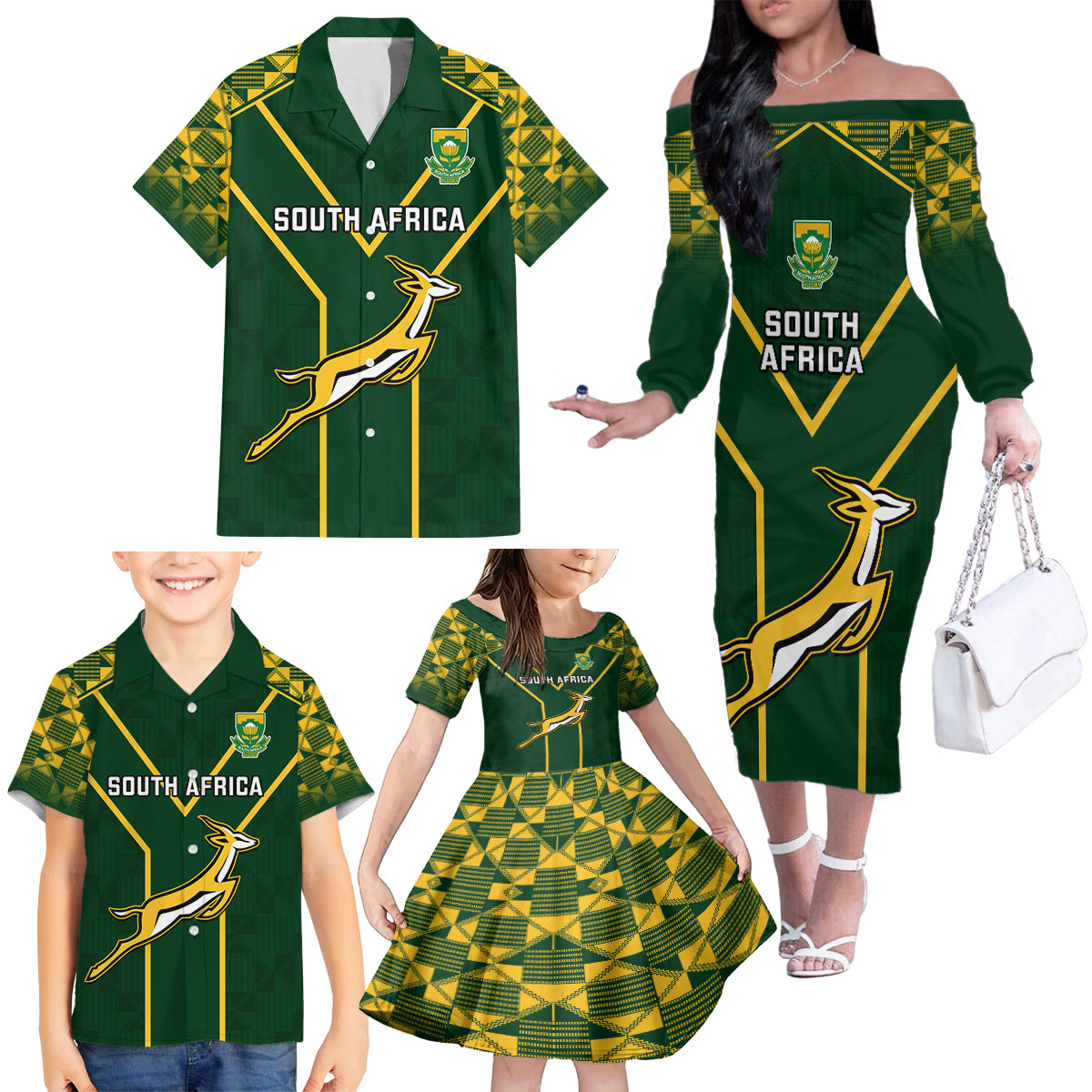 South Africa Rugby Family Matching Off Shoulder Long Sleeve Dress and Hawaiian Shirt 2023 Go Champions World Cup Springboks - Wonder Print Shop