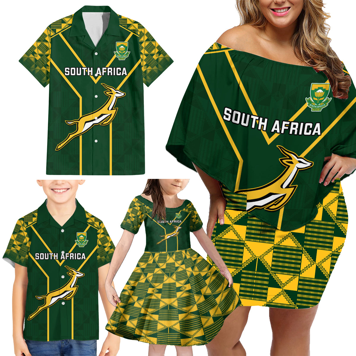 South Africa Rugby Family Matching Off Shoulder Short Dress and Hawaiian Shirt 2023 Go Champions World Cup Springboks - Wonder Print Shop