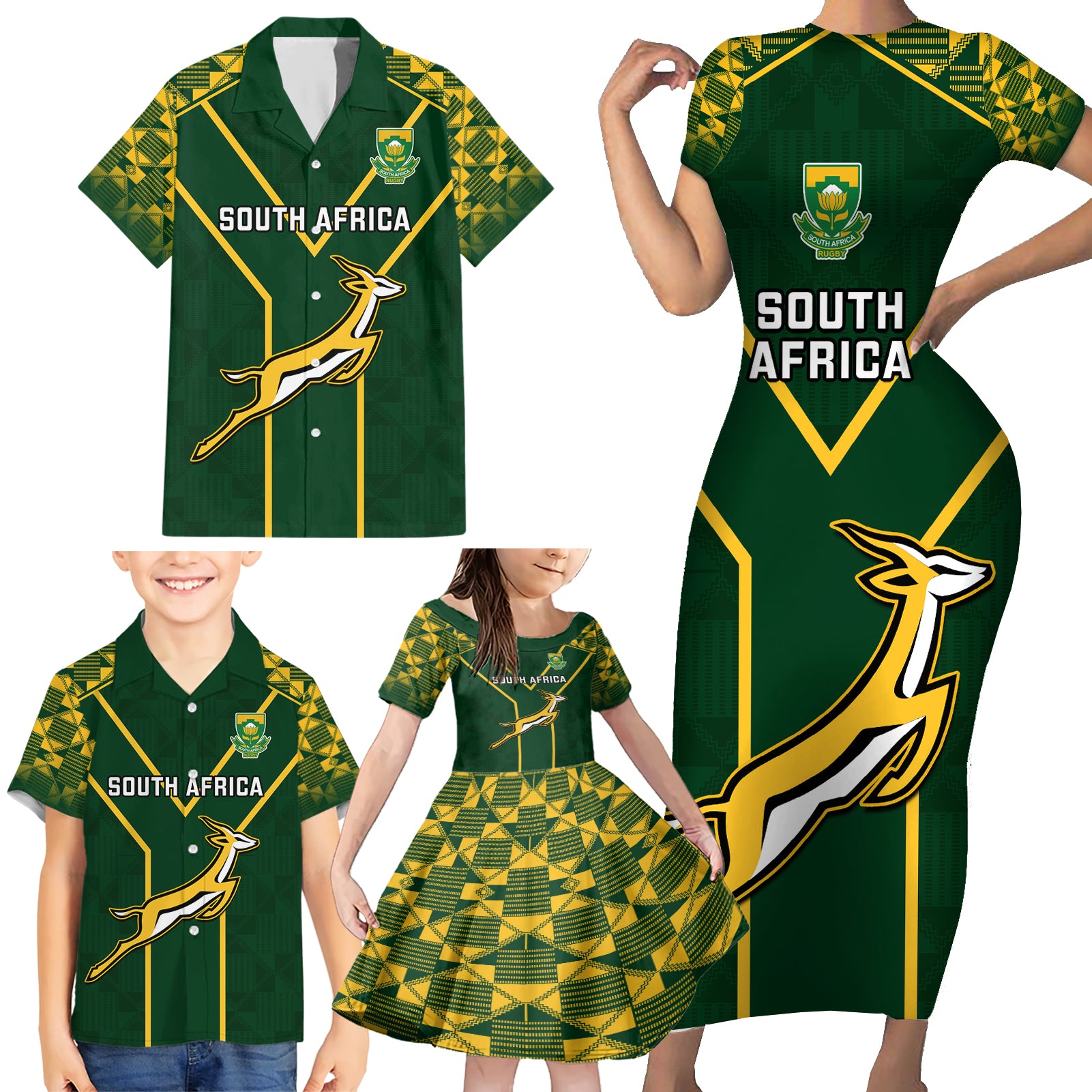 South Africa Rugby Family Matching Short Sleeve Bodycon Dress and Hawaiian Shirt 2023 Go Champions World Cup Springboks - Wonder Print Shop