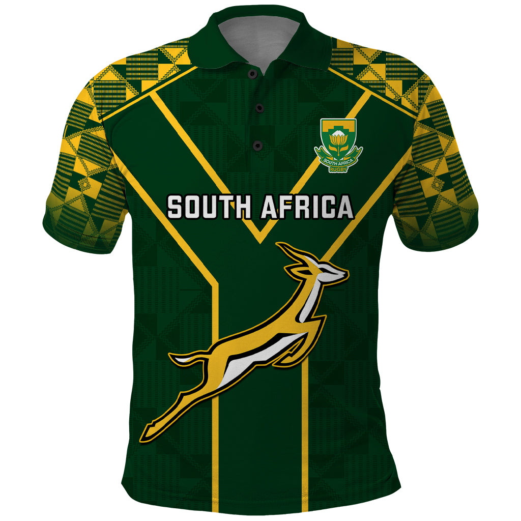 Green rugby polo shirt with South Africa print, crest and yellow geometric sleeves