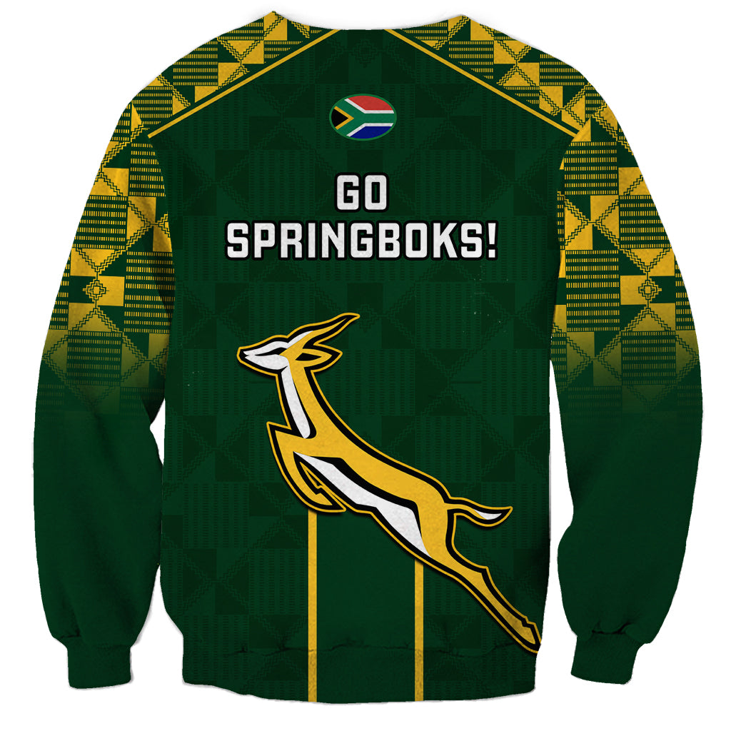 Green South Africa rugby sweatshirt with 'GO SPRINGBOKS' back print and antelope graphic