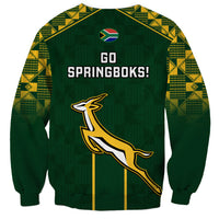 Green South Africa rugby sweatshirt with 'GO SPRINGBOKS' back print and antelope graphic