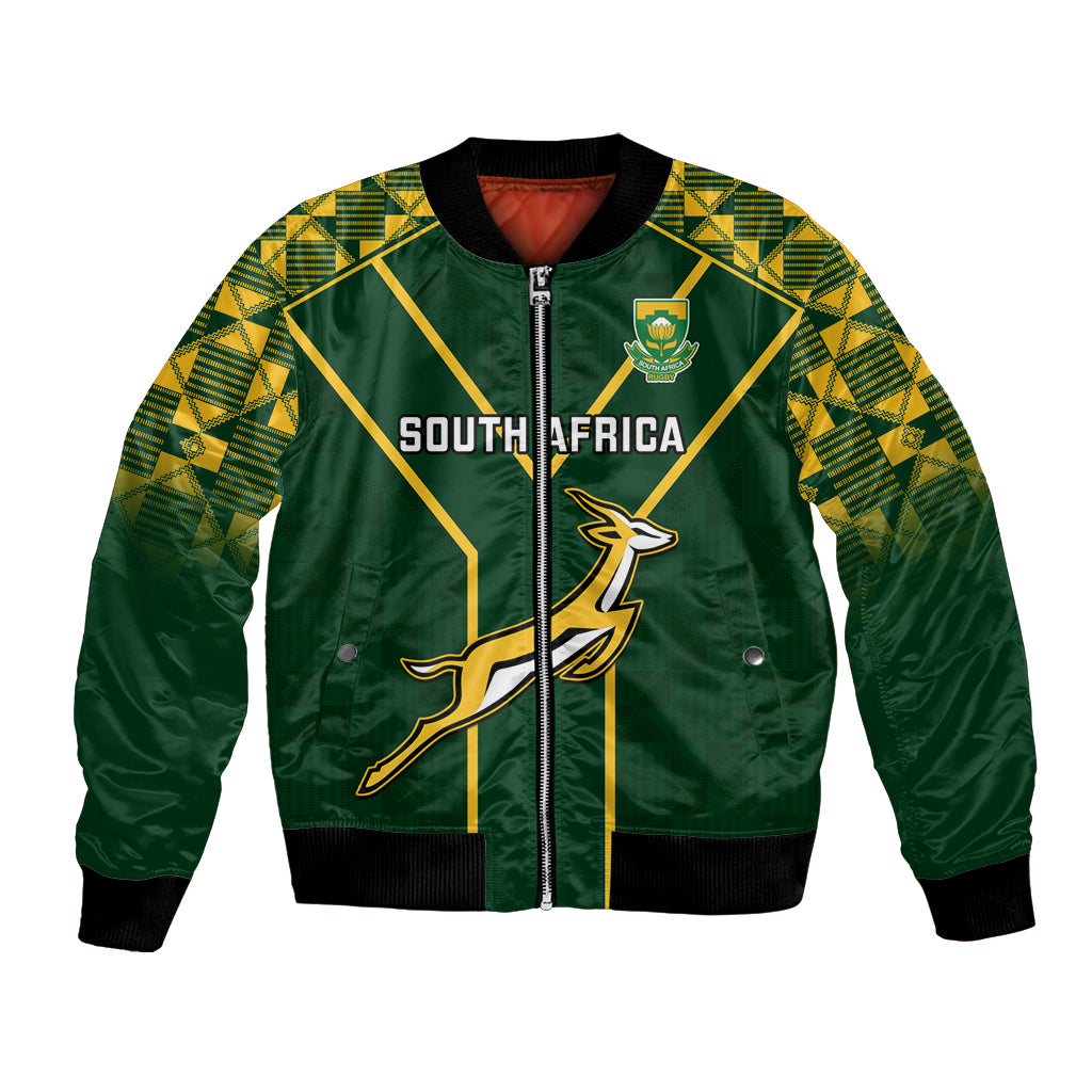 Green unisex rugby bomber jacket with zip, South Africa text and springbok graphic